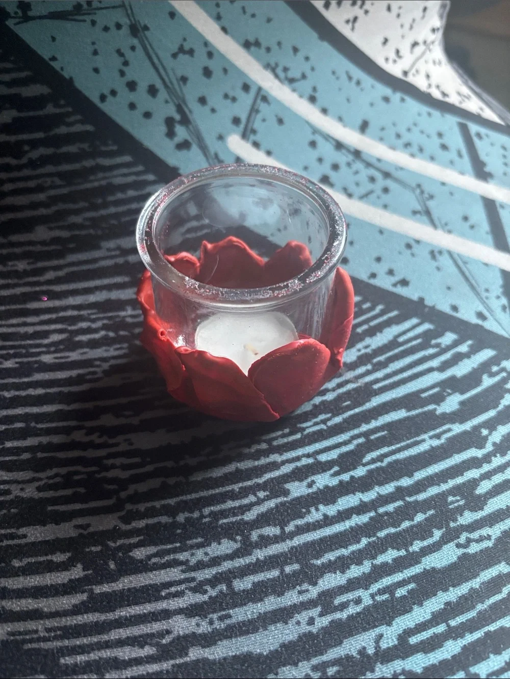 Handcrafted Clay Decorated Glass Holder with rose petal accents